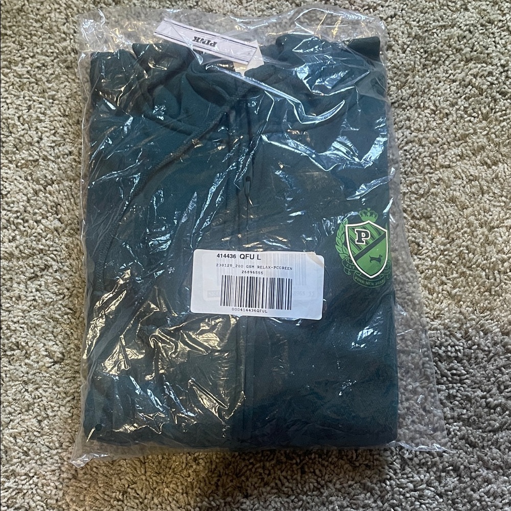 Victoria's Secret PINK Ivy Fleece Campus Full-Zip Hoodie in a dark green color